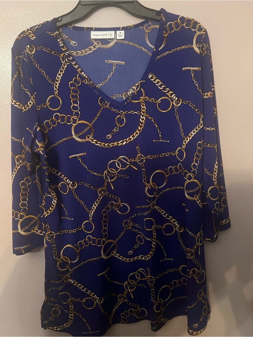 Susan Graver Royal Blue Gold Chain V-Neck Tunic Like New Size M
